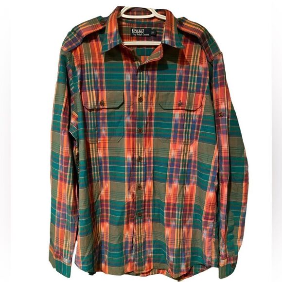 Polo Ralph Lauren Southwestern Plaid Epaulets Button Front Long Sleeve Large - Picture 1 of 10